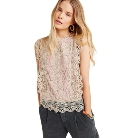 ❤️ NWOT! ANTHROPOLOGIE ERI + ALI SYDNEY LACE BLOUSE / TOP IN BEIGE/PINK, XS - Picture 2 of 12